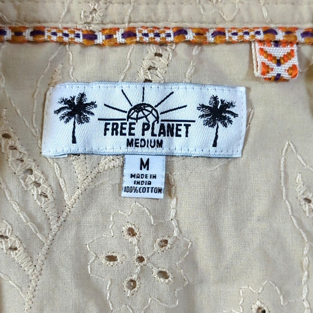 Free Planet Mens Cream Eyelet Embroidered Cotton Short Sleeve Shirt Medium - Picture 3 of 8